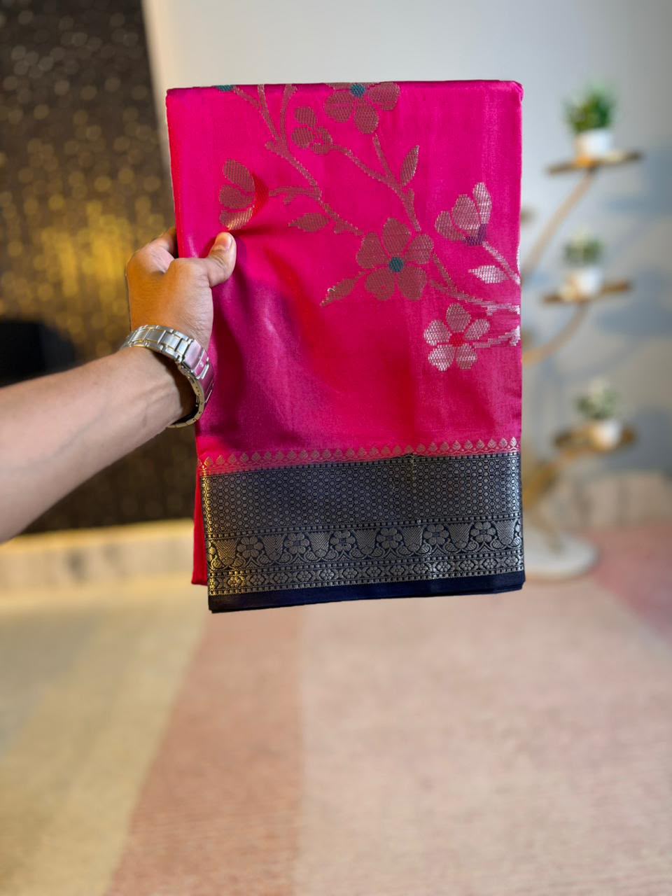 Rani Pink Semi-Katan Silk Saree with Black Zari Border & Floral Vine