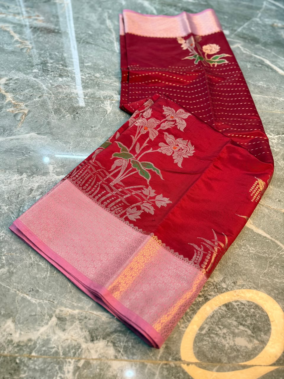 Red Semi-Katan Silk Saree with Gold Zari Floral Work and Contrast Border