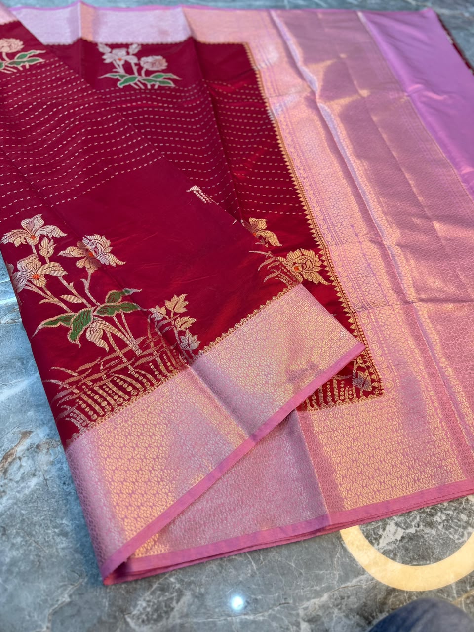 Red Semi-Katan Silk Saree with Gold Zari Floral Work and Contrast Border