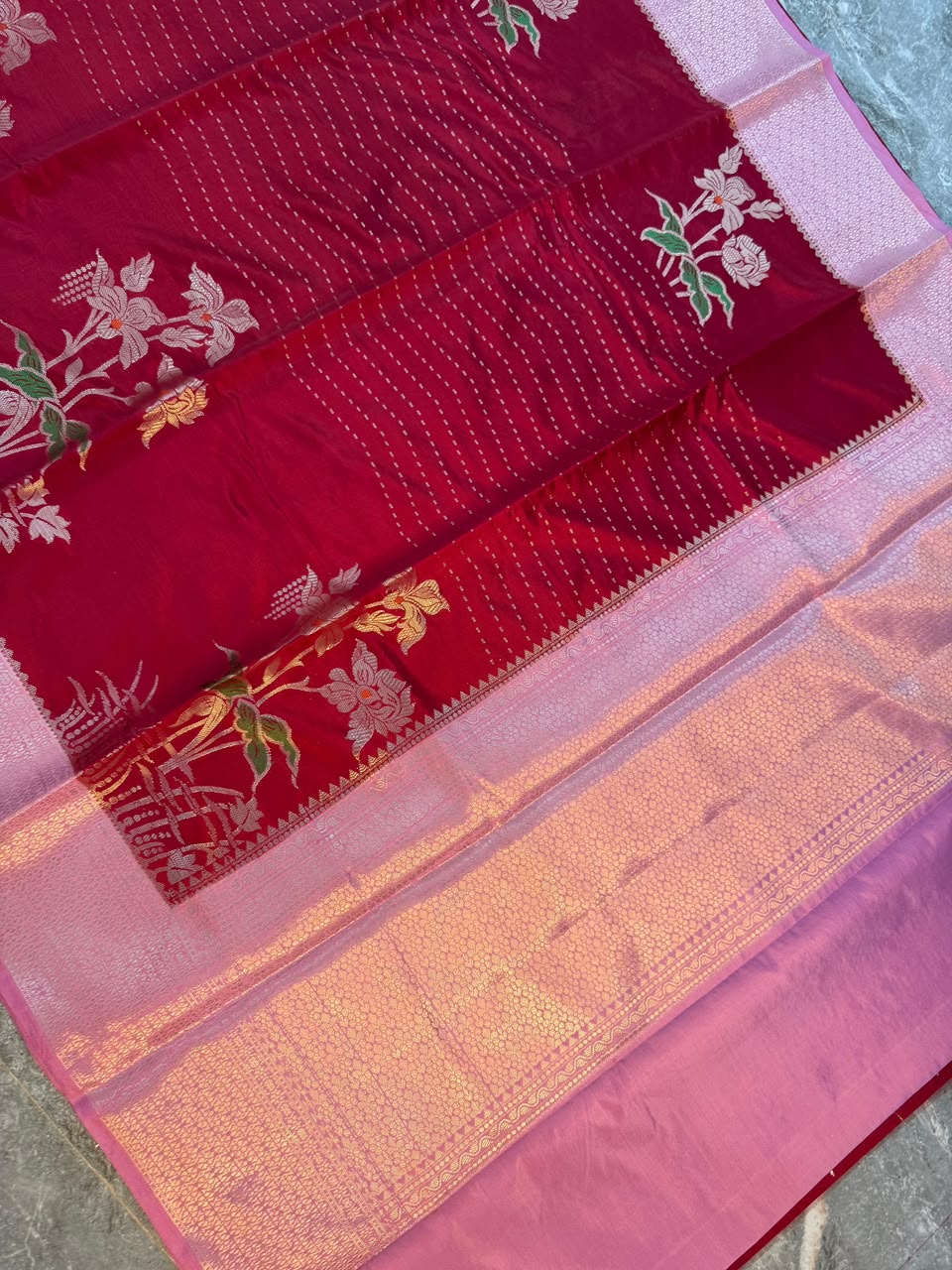 Red Semi-Katan Silk Saree with Gold Zari Floral Work and Contrast Border