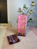 Rose Pink Semi-Katan Silk Saree with Maroon Zari Border & Floral Spray