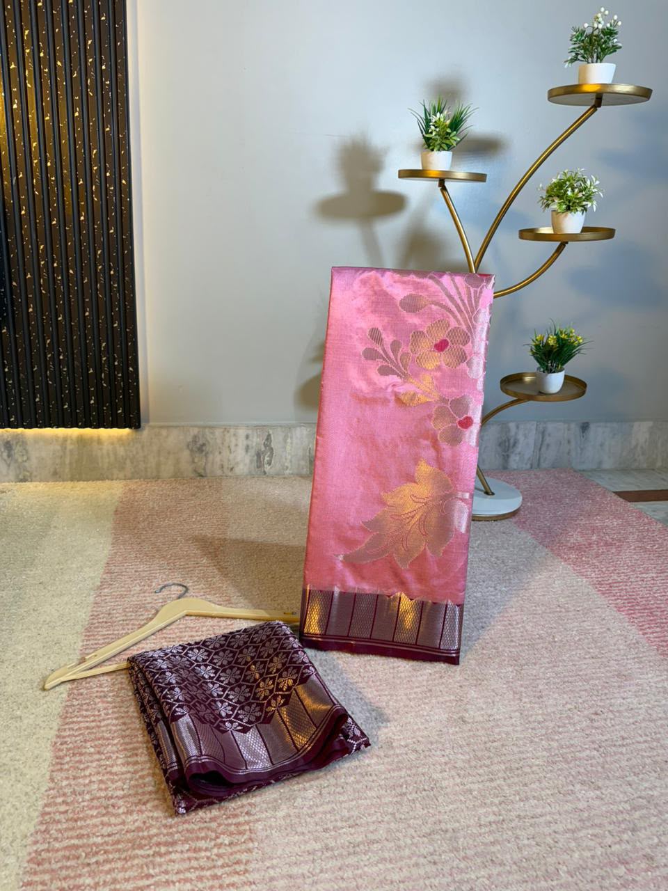 Rose Pink Semi-Katan Silk Saree with Maroon Zari Border & Floral Spray