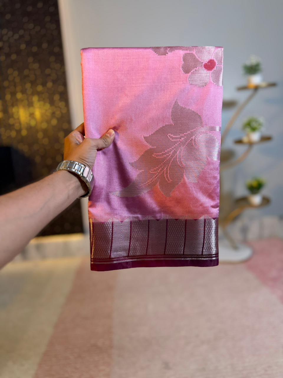 Rose Pink Semi-Katan Silk Saree with Maroon Zari Border & Floral Spray