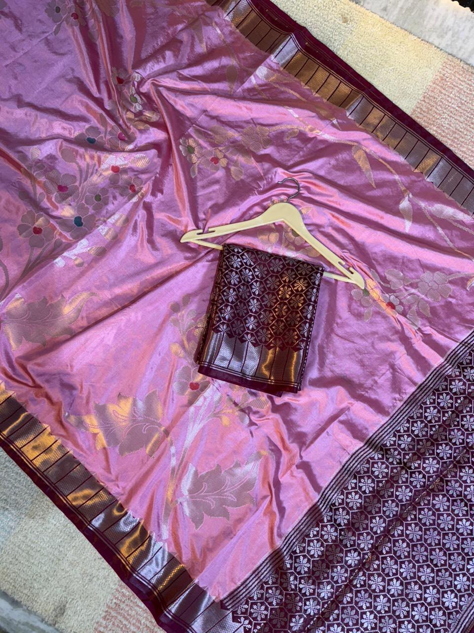 Rose Pink Semi-Katan Silk Saree with Maroon Zari Border & Floral Spray