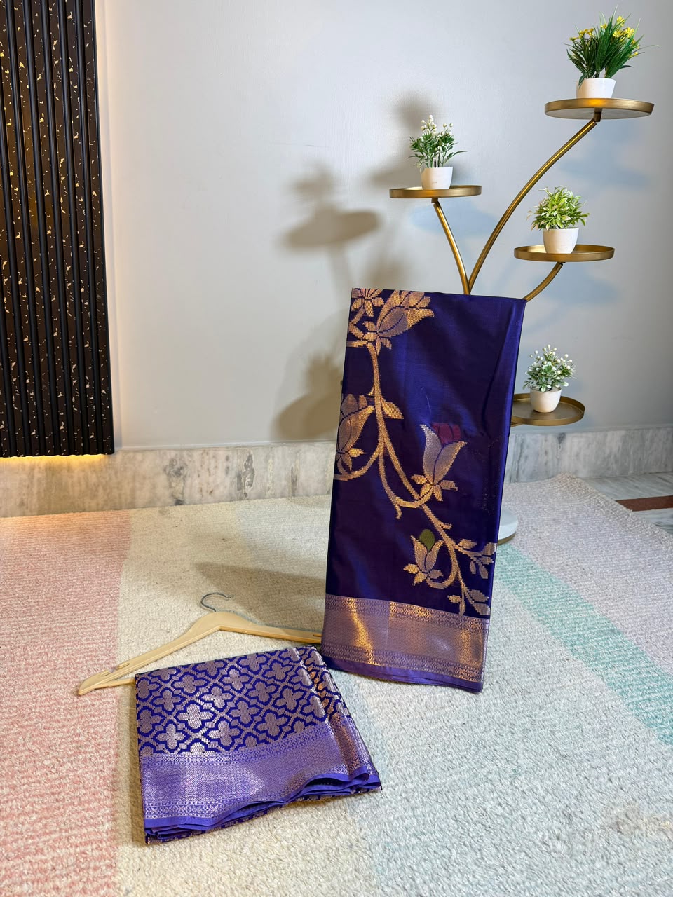 Royal Blue Semi-Katan Silk Saree with Gold Zari Floral Work