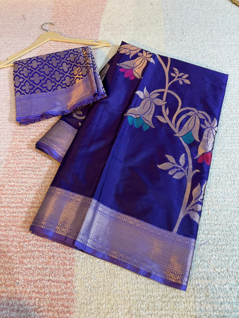 Royal Blue Semi-Katan Silk Saree with Gold Zari Floral Work
