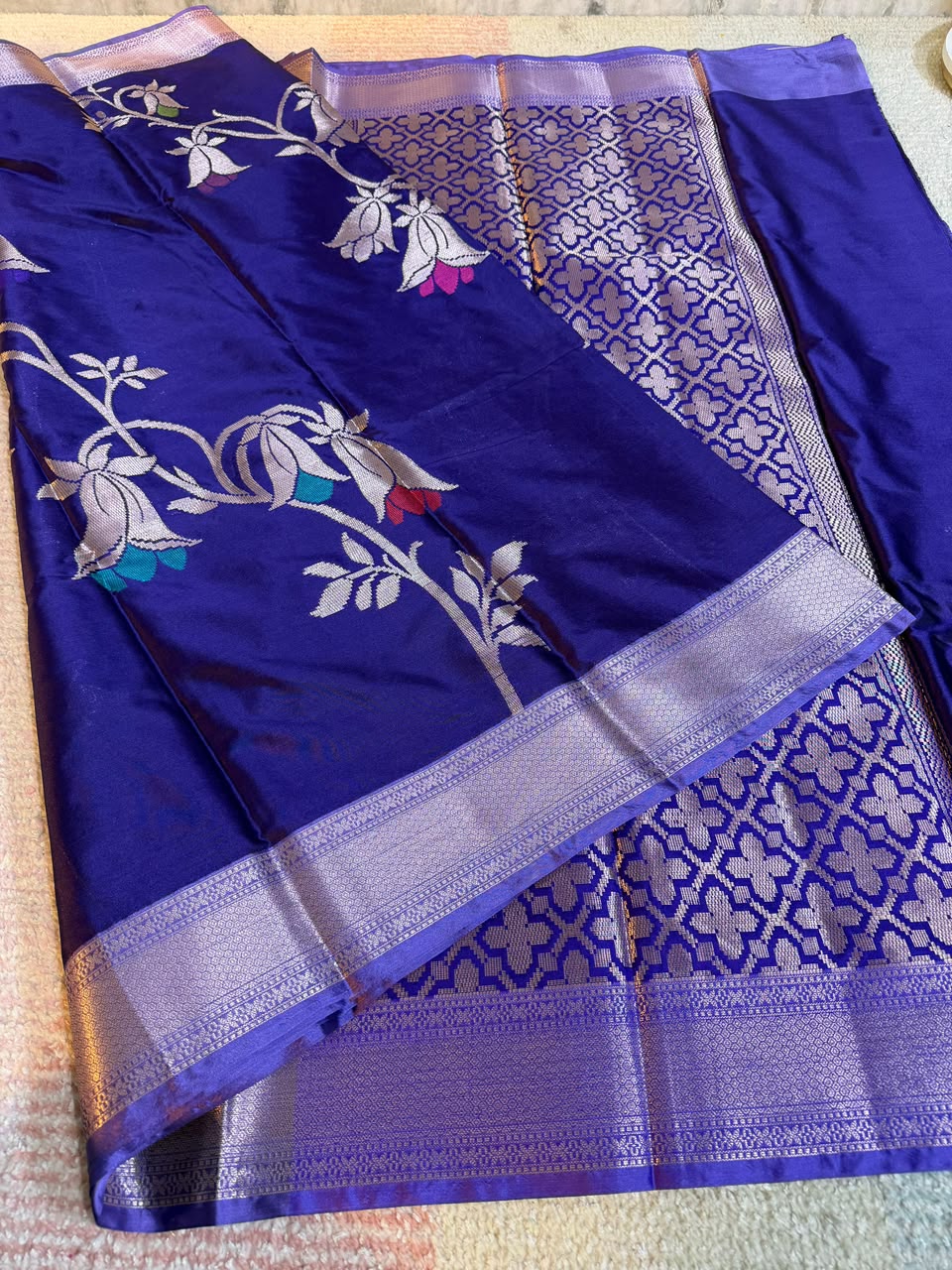 Royal Blue Semi-Katan Silk Saree with Gold Zari Floral Work