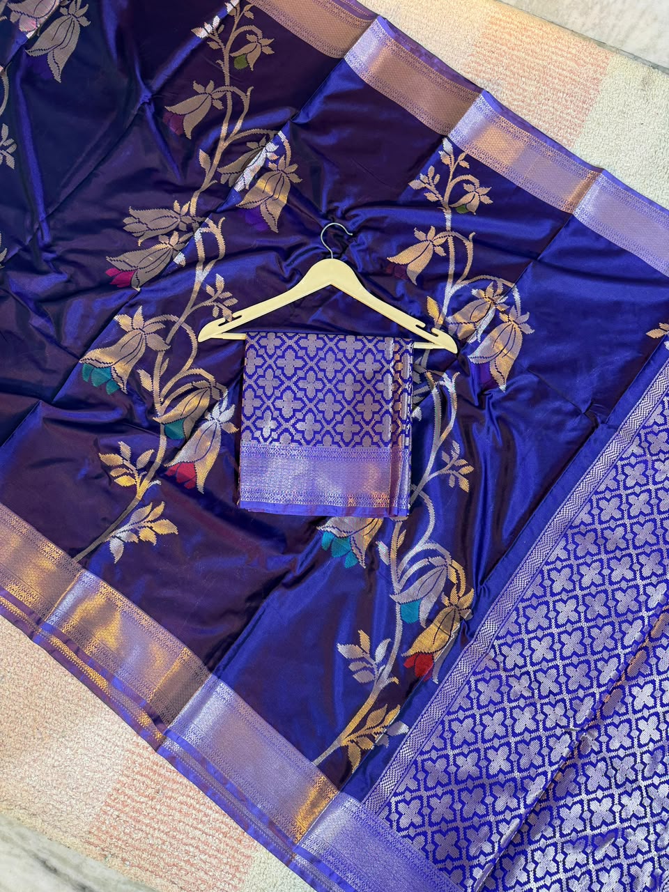 Royal Blue Semi-Katan Silk Saree with Gold Zari Floral Work