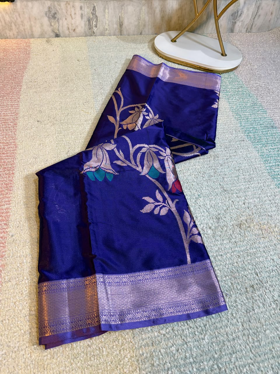 Royal Blue Semi-Katan Silk Saree with Gold Zari Floral Work