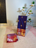 Royal Blue Semi-Katan Silk Saree with Red Zari Border & Silver Buti