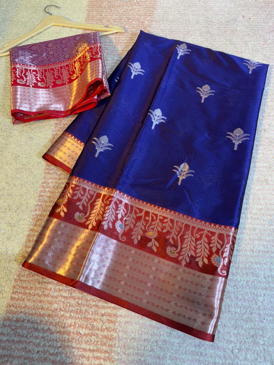 Royal Blue Semi-Katan Silk Saree with Red Zari Border & Silver Buti