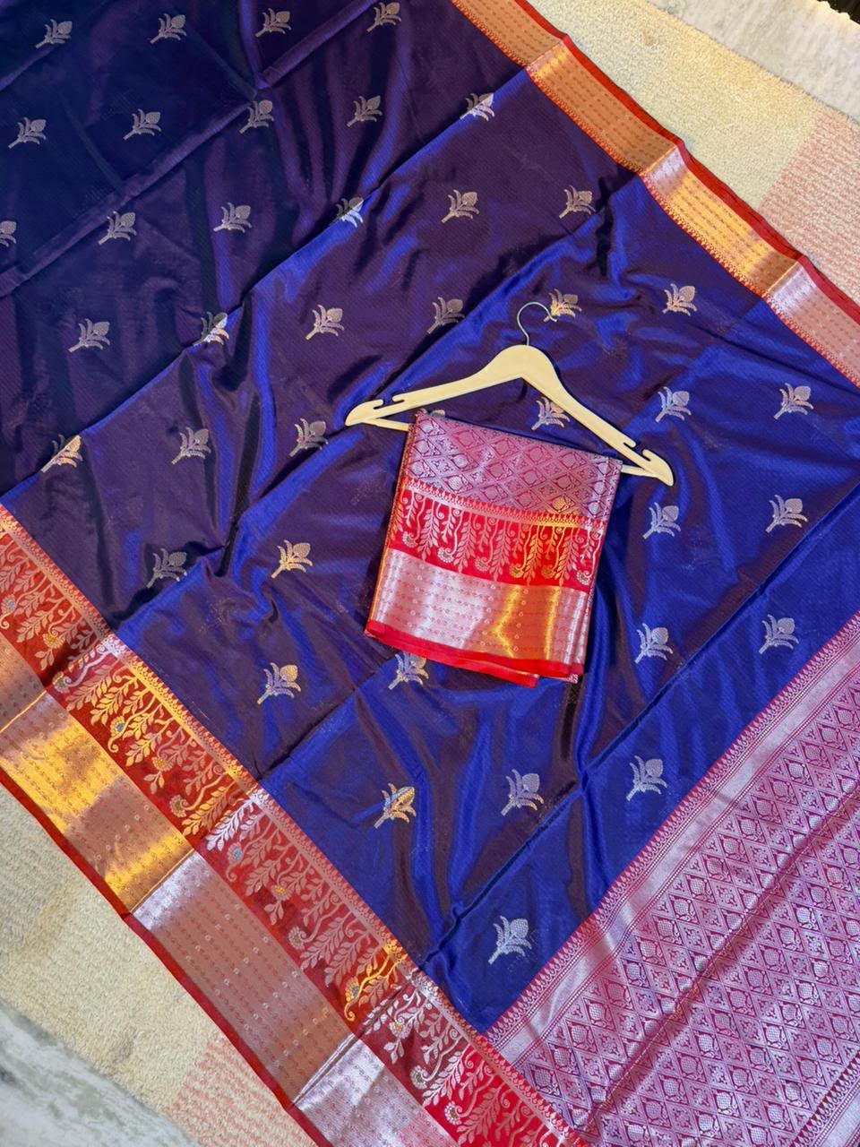 Royal Blue Semi-Katan Silk Saree with Red Zari Border & Silver Buti