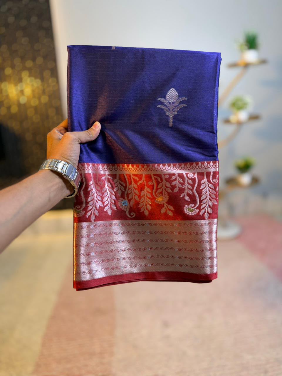Royal Blue Semi-Katan Silk Saree with Red Zari Border & Silver Buti
