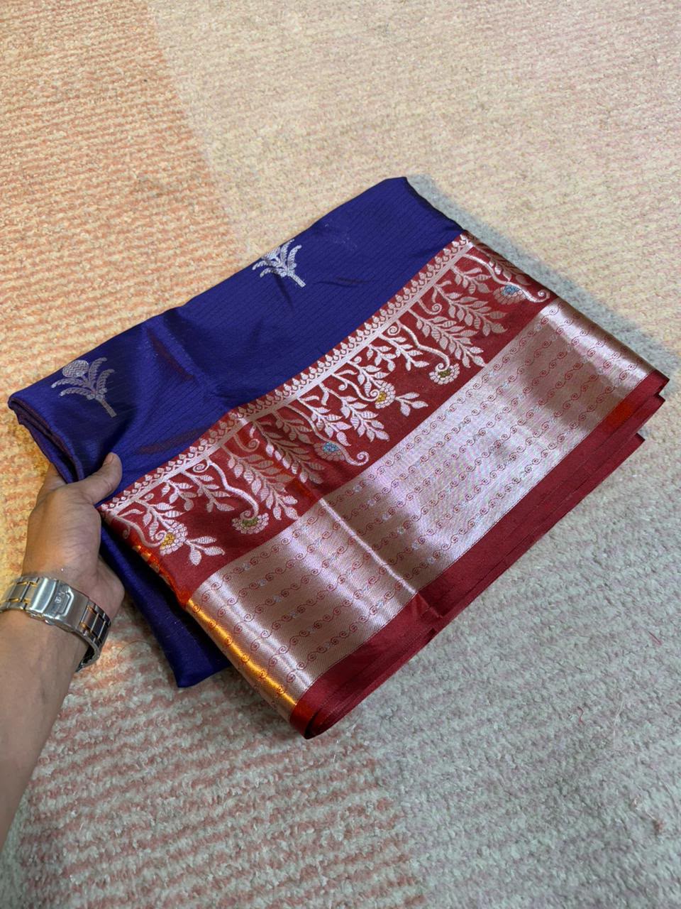 Royal Blue Semi-Katan Silk Saree with Red Zari Border & Silver Buti