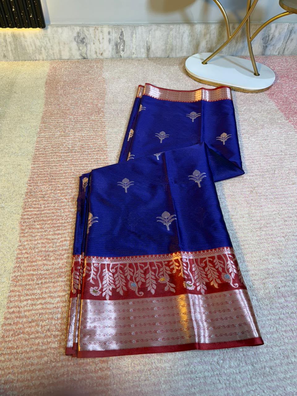 Royal Blue Semi-Katan Silk Saree with Red Zari Border & Silver Buti