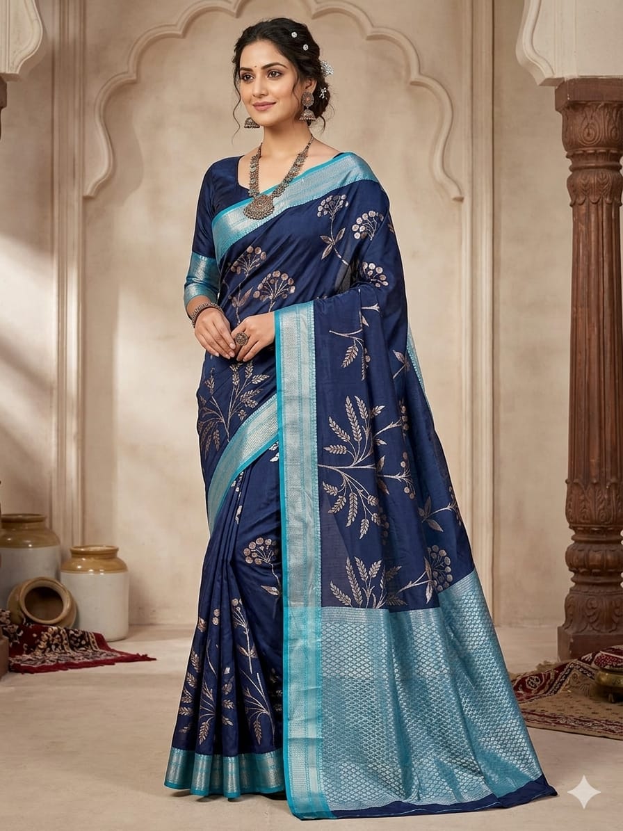 Royal Navy Blue Semi-Katan Silk Saree with Turquoise Zari Border