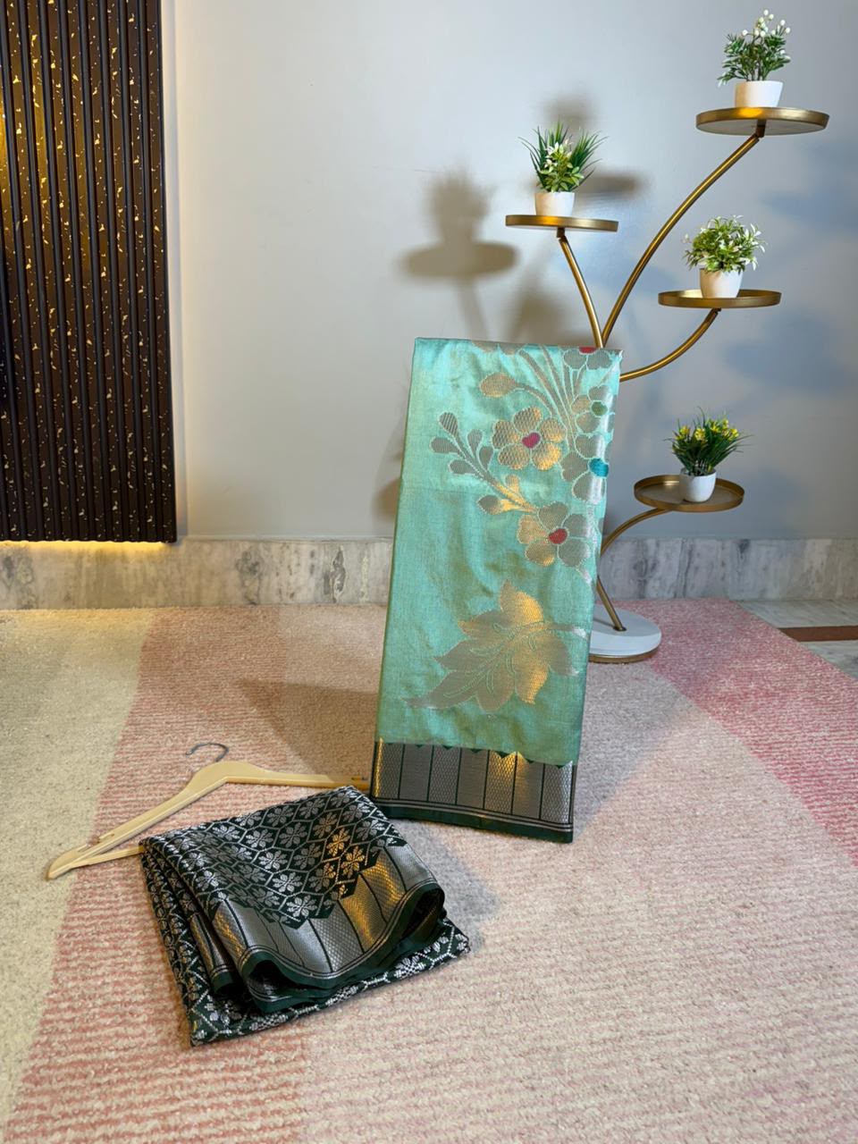Sea Green Semi-Katan Silk Saree with Bottle-Green Border & Floral Vine