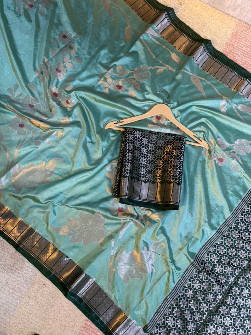 Sea Green Semi-Katan Silk Saree with Bottle-Green Border & Floral Vine