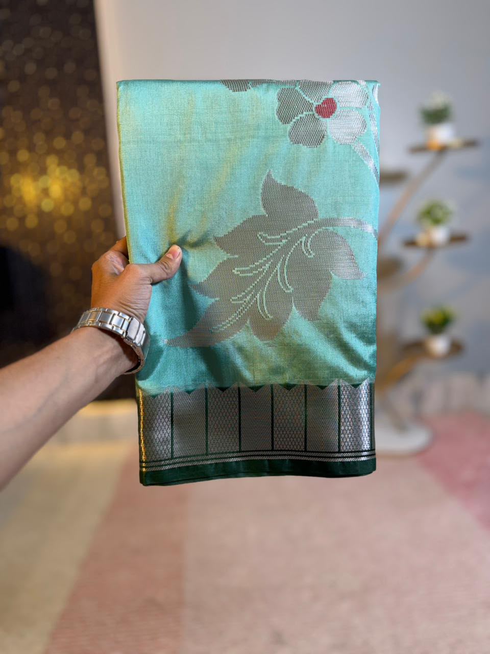 Sea Green Semi-Katan Silk Saree with Bottle-Green Border & Floral Vine