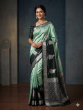 Sea Green Semi-Katan Silk Saree with Silver Zari Lotus Weave & Black Border