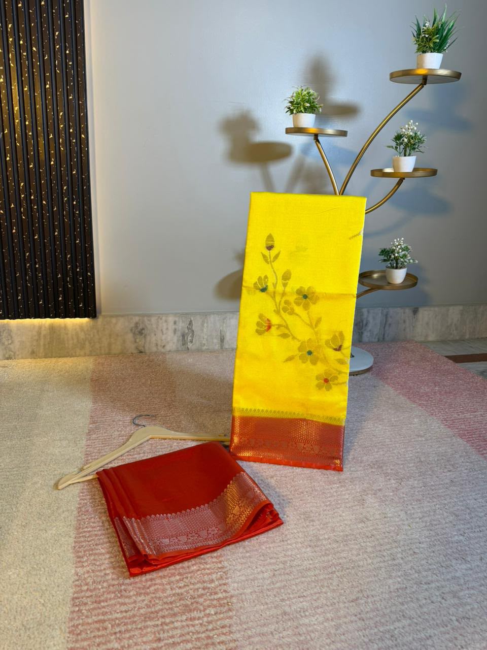 Sunshine Yellow Semi-Katan Silk Saree with Red Zari Border & Floral Vine