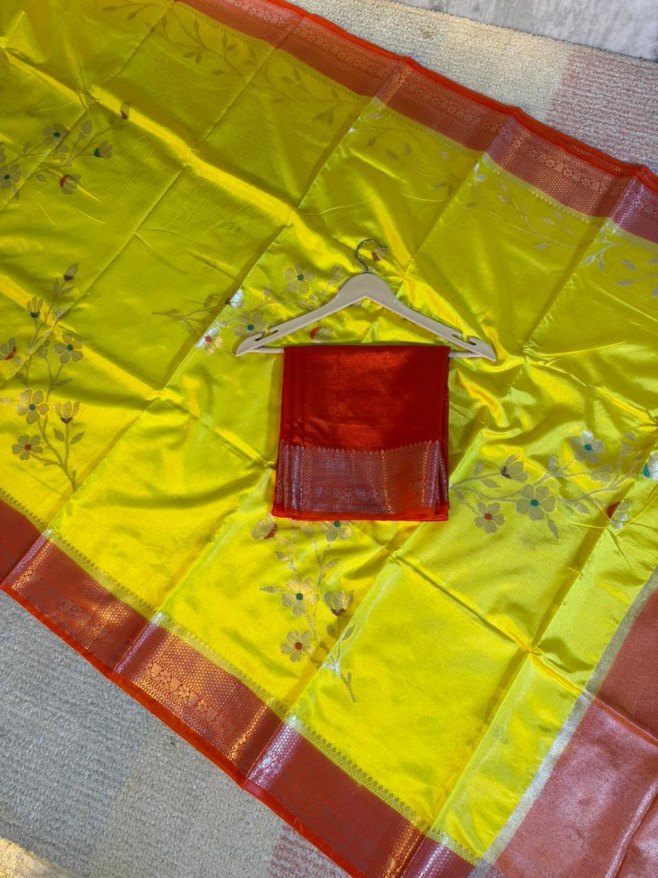 Sunshine Yellow Semi-Katan Silk Saree with Red Zari Border & Floral Vine