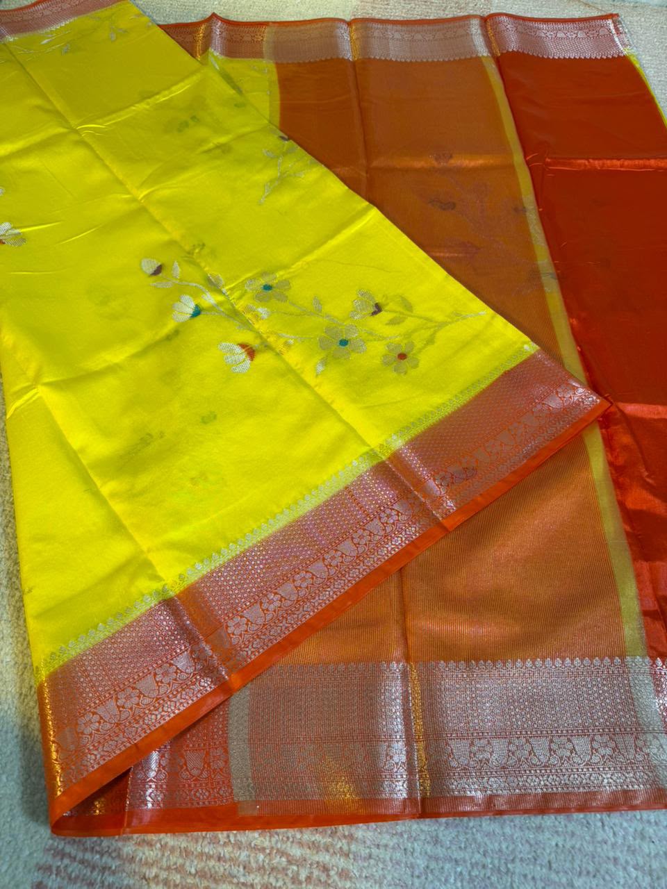 Sunshine Yellow Semi-Katan Silk Saree with Red Zari Border & Floral Vine