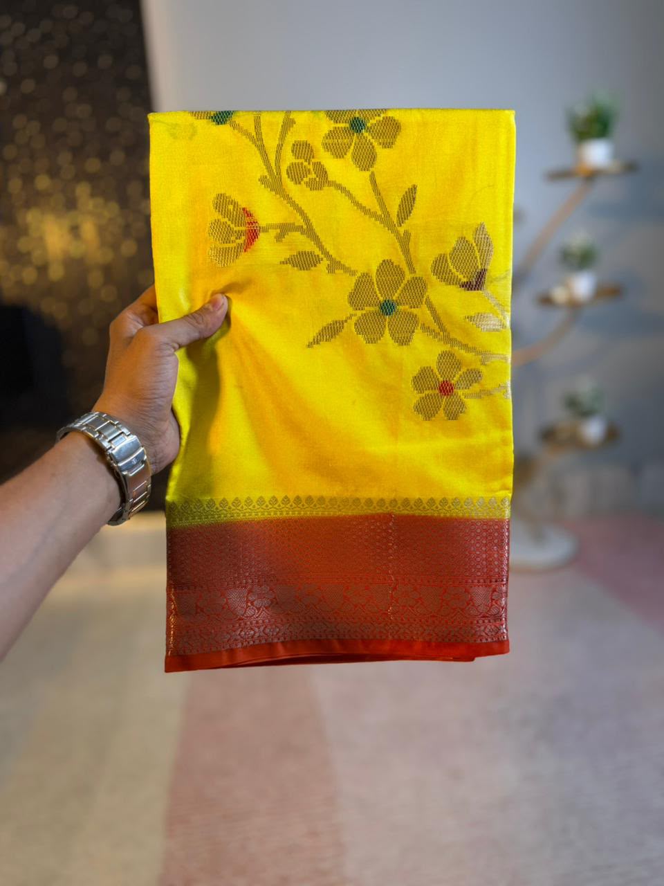Sunshine Yellow Semi-Katan Silk Saree with Red Zari Border & Floral Vine