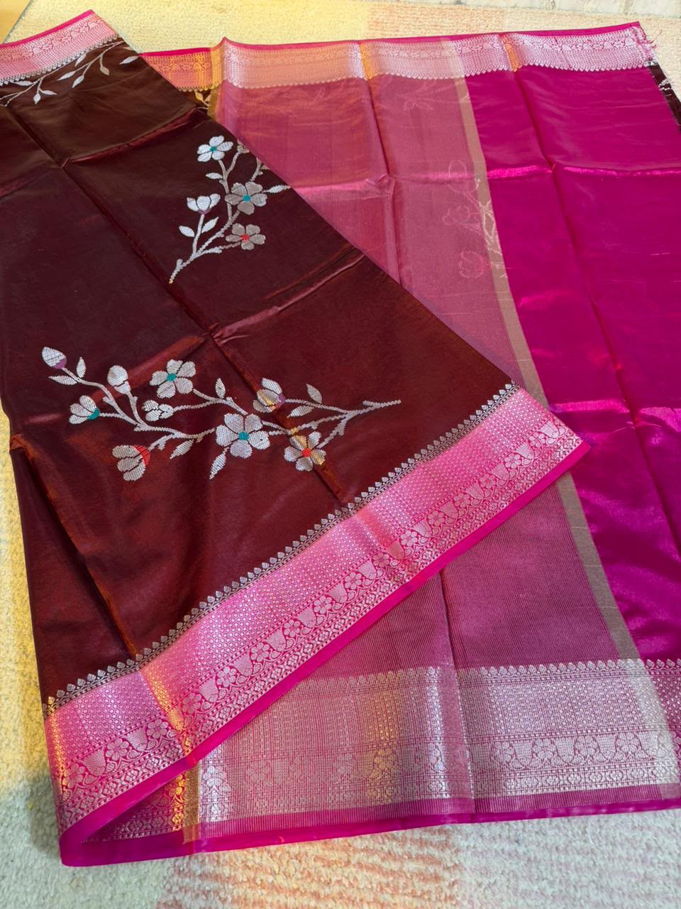 Wine Purple Semi-Katan Silk Saree with Magenta Zari Border & Floral Vine