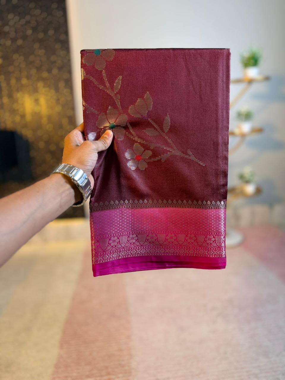 Wine Purple Semi-Katan Silk Saree with Magenta Zari Border & Floral Vine