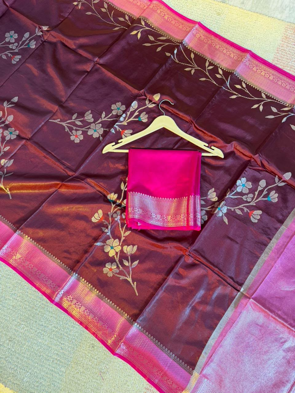Wine Purple Semi-Katan Silk Saree with Magenta Zari Border & Floral Vine