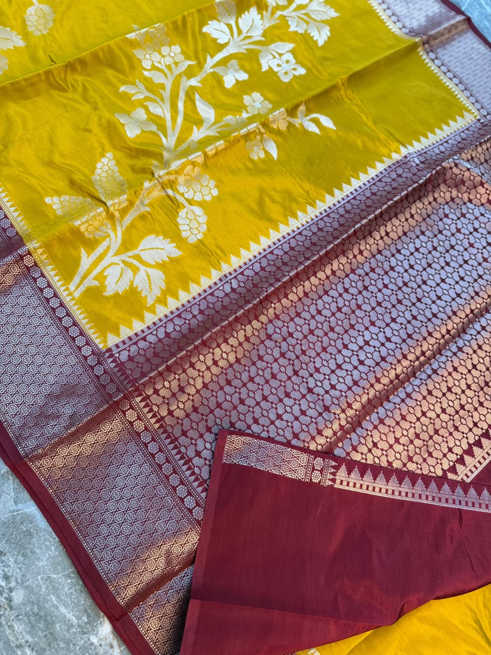 Yellow Semi-Katan Silk Saree with Maroon Zari Border
