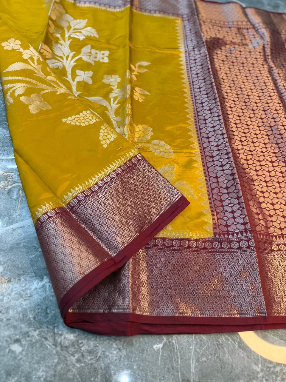 Yellow Semi-Katan Silk Saree with Maroon Zari Border